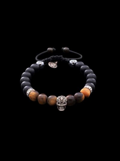 Bracelet Tête de mort, Oeil de Tigre, Onyx noir et Argent