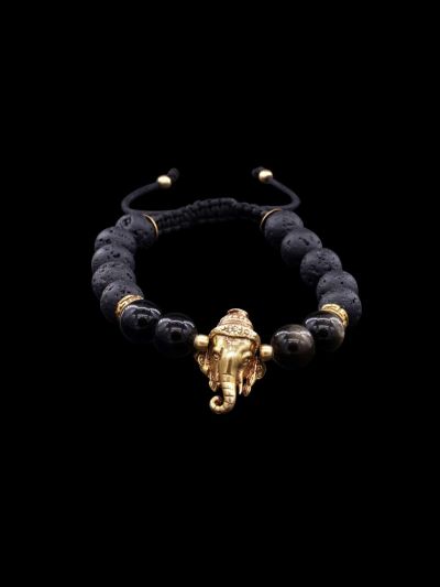 Bracelet Ganesh, Laiton, Pierre de lave et Onyx noir