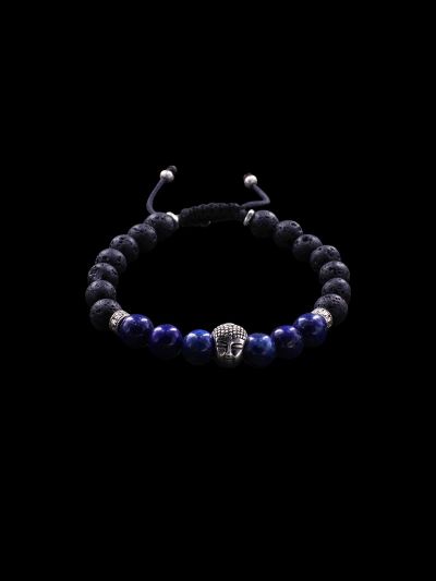 Bracelet tête de Bouddha en Argent, Pierre de lave et Lapis lazuli