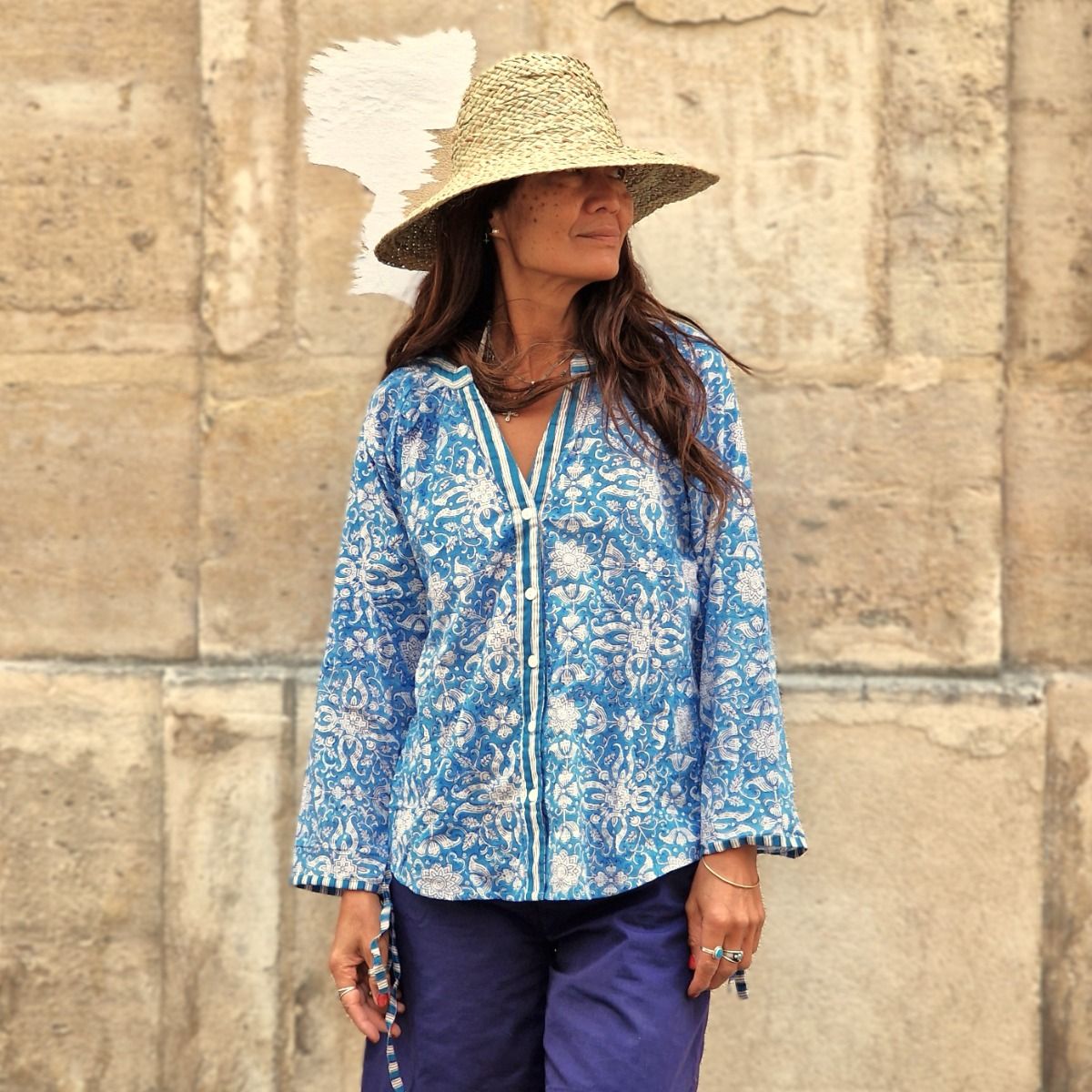 BLOUSE IMPRIMEE TAMPONS DE BOIS