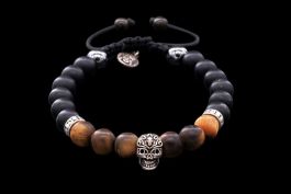 Bracelet Tête de mort, Oeil de Tigre, Onyx noir et Argent