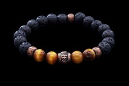 Bracelet Om Mani, Oeil de tigre, Laiton et Pierre de lave